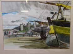 GEORGE DROUGHT mixed media - Conwy boats and figures near the Quay with castle in the background,