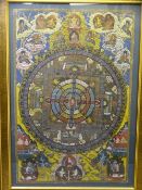 LARGE FIGURAL COLOURFUL PANEL ON MATERIAL depicting oriental seated figures and with a maritime