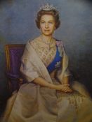 AFTER LEONARD BOWDEN coloured print - an elegant seated Queen Elizabeth II wearing the sash and star