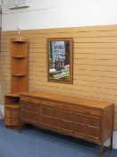 MID-CENTURY TEAK LONG SIDEBOARD, 83cms H, 184cms W, 45cms D, matching corner display unit,