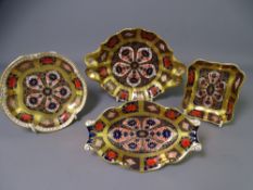 FOUR ROYAL CROWN DERBY 1128 PATTERN PIN DISHES - old Imari design to include a 16cms across twin-