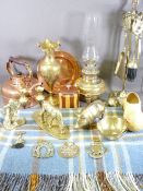 BRASS OIL LAMP, other copper, brassware, treen and an old blanket
