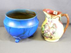 BRETBY BLUE & BLACK THREE FOOTED JARDINIERE, 21cms H, 27cms diameter and a Staffordshire pottery