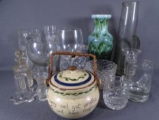 CUT & OTHER GLASSWARE & POTTERY including an early glass washer, a butterfly edged water jug, a