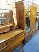 EDWARDIAN INLAID MAHOGANY TWO PIECE BEDROOM SUITE of triple door wardrobe and mirrored dressing