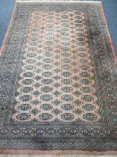 EASTERN WOOLLEN CARPET - red ground with repeating central block pattern and multiple bordered edge,