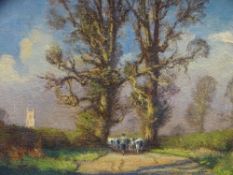 KENNETH DENTON (born 1932) oil on board - rural scene with church tower and farmer with cattle on