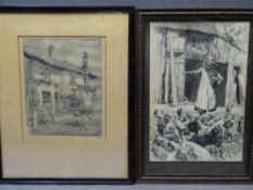 C M MANLEY black ink drawing - a lady in a farmyard feeding her chickens, initialled and with title,