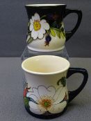 MOORCROFT RHS POTTERY MUGS - 'Eglantine Rose' by Rachel Bishop and 'Scotch Rose' by Nicola Slaney,