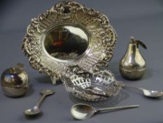 SMALL SILVER GROUP including a pierced swing handled sweet meat dish, Birmingham 1908, an embossed