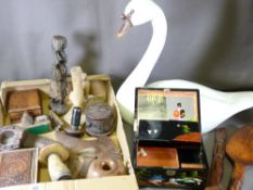 TREEN - an assortment including carvings, calendars, an ornamental painted swan, 47cms H