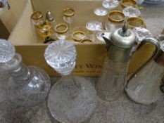 NON-MATCHING PAIR OF SILVER PLATED & GLASS CLARET JUGS, a ship's decanter and one other and drinking