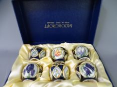 MOORCROFT 'PARISIAN DREAM' CASED SET OF SIX EGG CUPS by Sian Leeper, impressed and painted factory