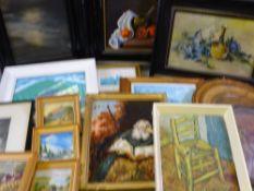 LARGE PARCEL OF FRAMED PRINTS, oil painting of an elderly man reading a Bible ETC