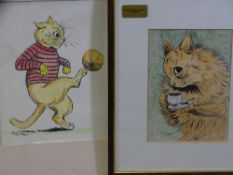 LOUIS WAIN two humorous cat prints - 1. a cat kicking a football, 23 x 18cms and 2. a cat having a
