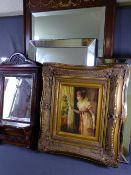 OVERMANTEL MIRROR, small wooden mirror with shelf, gilt framed print - lady looking through a window