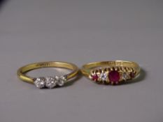 TWO EIGHTEEN CARAT GOLD DRESS RINGS to include a three stone individual claw set ring, 2.4grms, size