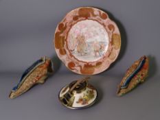 JAPANESE KUTANI SATSUMA DISH, TEAPOT etc, 18cms D, painted in gilded iron reds with central scene