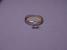 EIGHTEEN CARAT GOLD SQUARE CUT DIAMOND SOLITAIRE, 0.50 carat stone in a stand-up mount, 2.8grms,