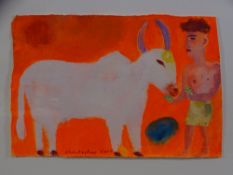 CHRISTOPHER CORR gouache on paper - white sacred cow with figure, signed, 20 x 29cms