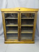 VINTAGE OAK TWO DOOR GLASS FRONTED BOOKCASE, 110cms H, 99cms W, 26cms D