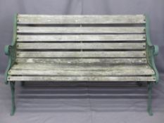 SLATTED TEAK GARDEN BENCH with cast iron ends, 126cms L