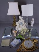 ORNATE GILT FRAMED BAROMETER, cherub decorated clock, table lamps ETC