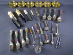SIX BRASS ORIENTAL FINGER BOWLS and silver and silver plated flatware