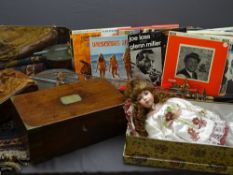 ANTIQUE WRITING SLOPE - mahogany with brass banding, a boxed porcelain headed doll, a Stumpf
