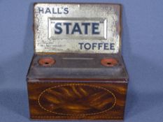 UNUSUAL DESK TIDY TIN with advertisement for 'Halls State Toffee'