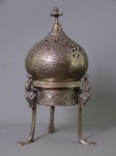 PERSIAN SILVER INCENSE BURNER, the lift-off dome top pierced and engraved with script roundels, on a