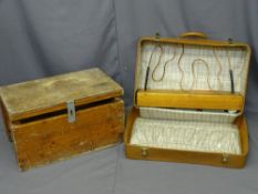 VINTAGE SUITCASE with copper tube steady hand puzzle and a vintage lidded wooden box
