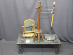 MARBLE TOPPED WROUGHT IRON COFFEE TABLE, vintage wash dolly and toilet mirror with a modern light