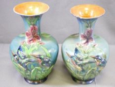 STAFFORDSHIRE LUSTRE VASES with kingfisher decoration (A/F), 30cms H