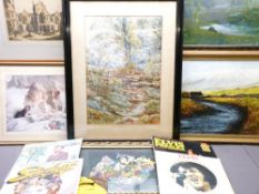 LLOYD BOND watercolour - autumnal scene, 57 x 38 cms and a parcel of other paintings, prints, LPs