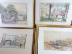 C E ? watercolours, a pair - country scenes, initialled, 20 x 25cms, J HUNTER watercolour - street