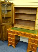 YEW WOOD PEDESTAL DESK, 75.5cms H, 121cms W, 60cms D, glass topped corner cabinet 183cms H, 67cms