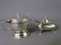 TWO SILVER MUSTARD POTS with liners, 1936 Gieves Ltd and 1962 John Rose with spoon, 99 grms gross