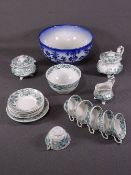 CHILD'S WHITE & GREEN TEASET and a large blue and white pedestal bowl