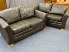 PAIR OF LOUNGE SETTEES, dark leather effect, 68cms H, 150cms W, 55cms D the seat