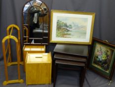 PARCEL OF MIXED FURNITURE ETC including a reproduction mahogany nest of three tables, two light wood