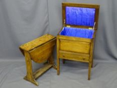 VINTAGE OAK SEWING BOX/WORK TABLE and a twin flap occasional table with twist top