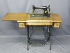 VINTAGE SINGER SEWING MACHINE TABLE with pedal drive cast iron base, 78cms H, 87cms W, 41cms D