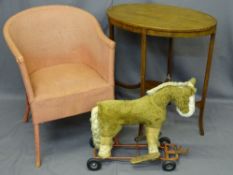 INLAID OVAL MAHOGANY TWO TIER TABLE, Lloyd loom type armchair and vintage plush sit-on toy