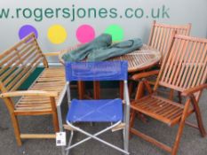 TEAK SLAT BACK GARDEN BENCH, 125cms W, drop leaf table and folding chairs, two fold-up camping