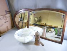 MOTTLED GLASS CEILING LAMPSHADE, copper coffee pot and two oak framed mirrors