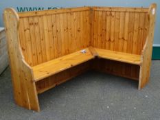 REPRODUCTION PINE CORNER SETTLE with shaped ends, 131cms H maximum, 185.5cms and 122cms the