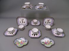 ORIENTAL CLOISONNE in a bamboo and wicker basket to include eight cups and saucers depicting various