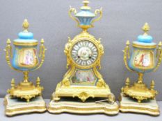 CLOCK GARNITURE SET, super quality Japy Freres French gilt and Sevres style porcelain mounted, the