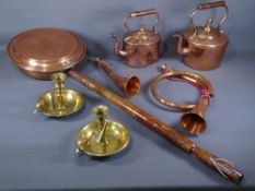 COPPER & BRASSWARE - long handled bedwarmer, two kettles, two bugles and a pair of candlesticks